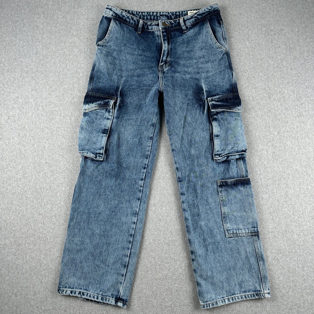 Max Cares‎ Cargo Jeans Men 32 Blue The Green Jeans Mid Blue Acid Wash Wide Leg